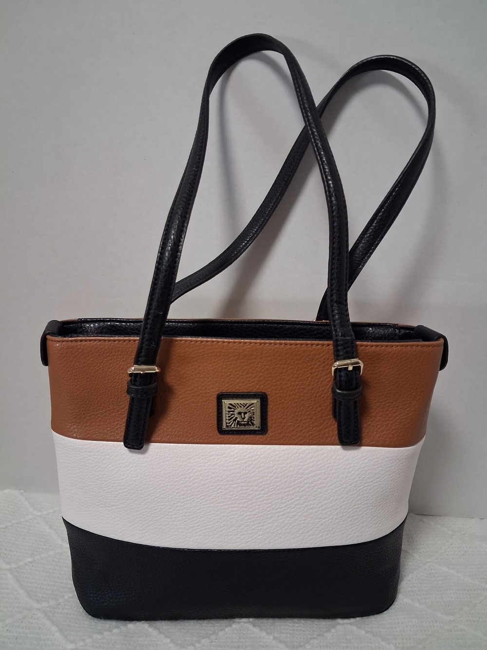 Anne Klein Tricolor Shoulder Tote — Black, White & Brown